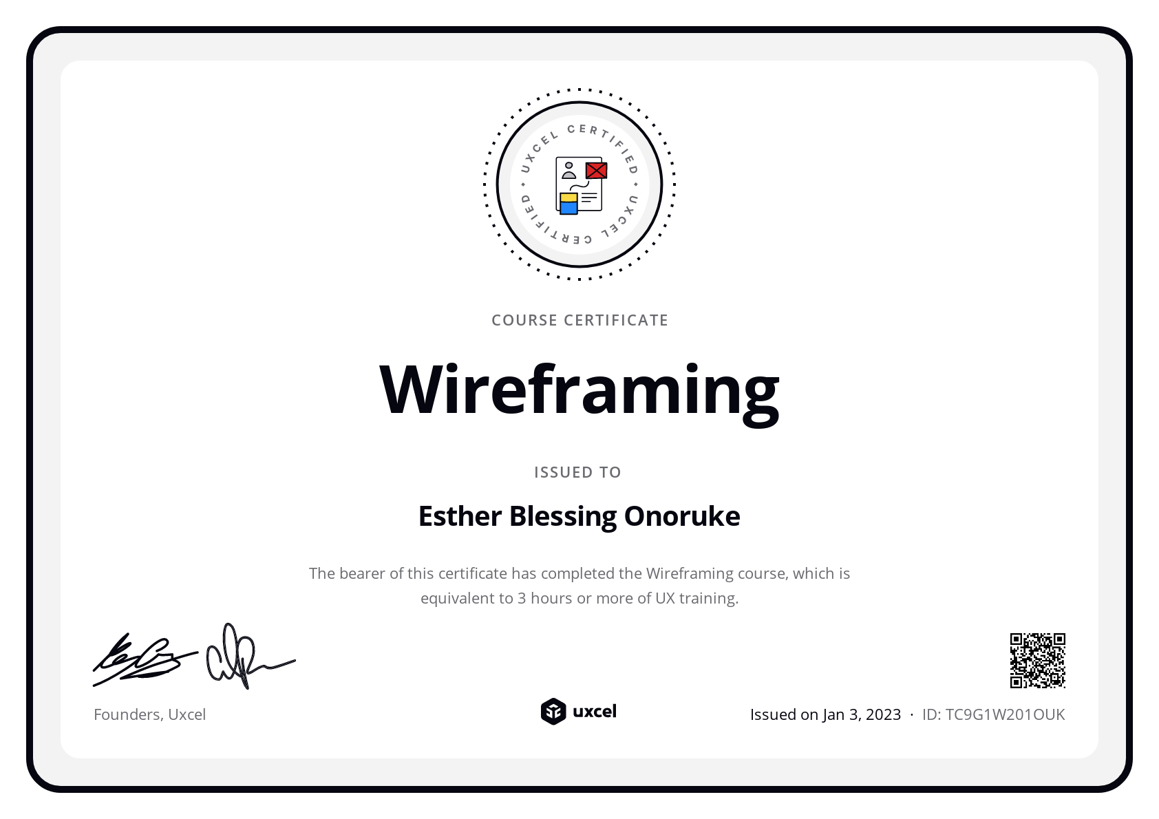 Esther Blessing Onoruke's certificate